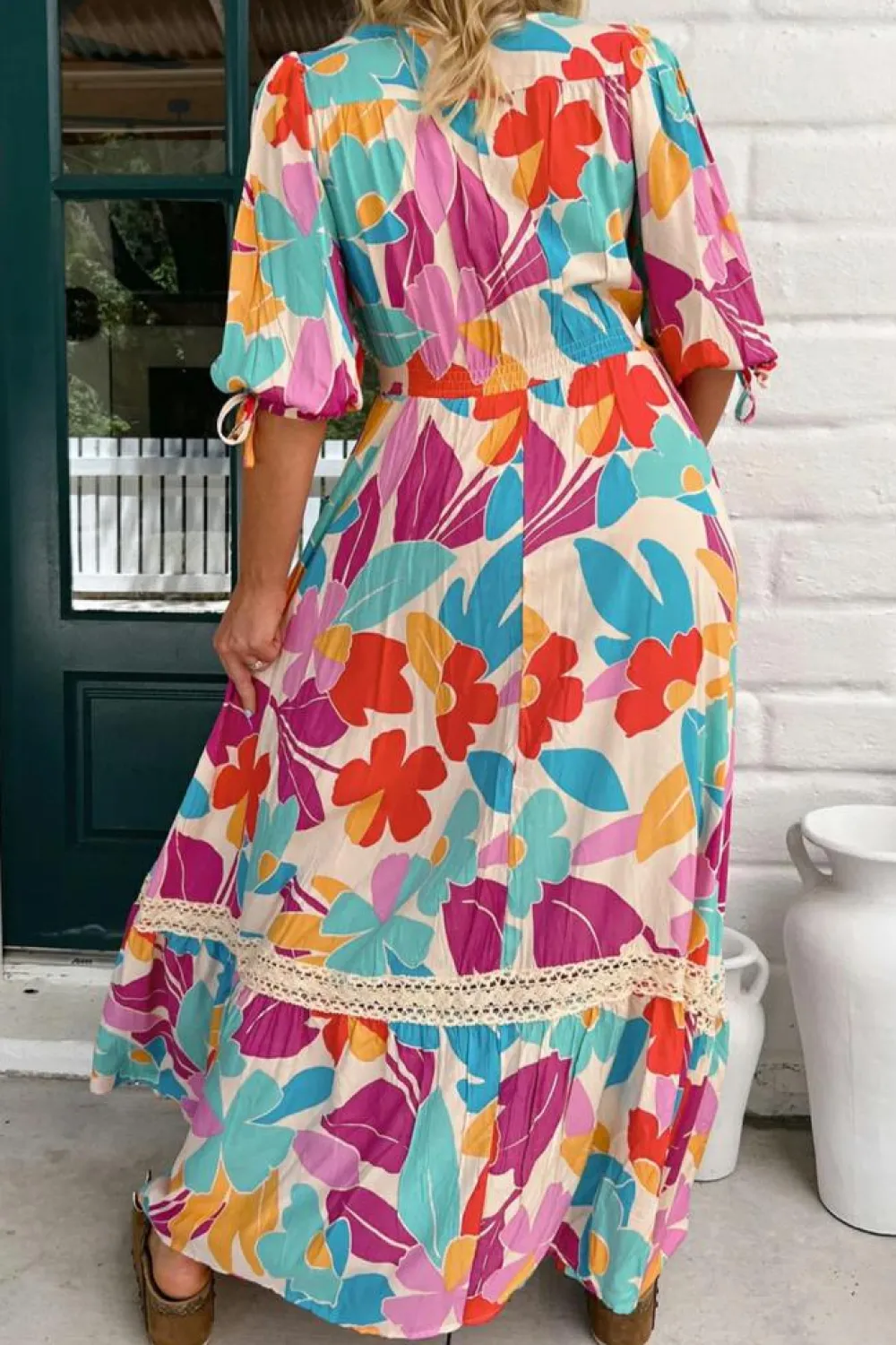 Fashion Dear-Lover Floral Knot Puff Sleeve V Neck Buttoned Front Split Lace Maxi Dress Rose Red