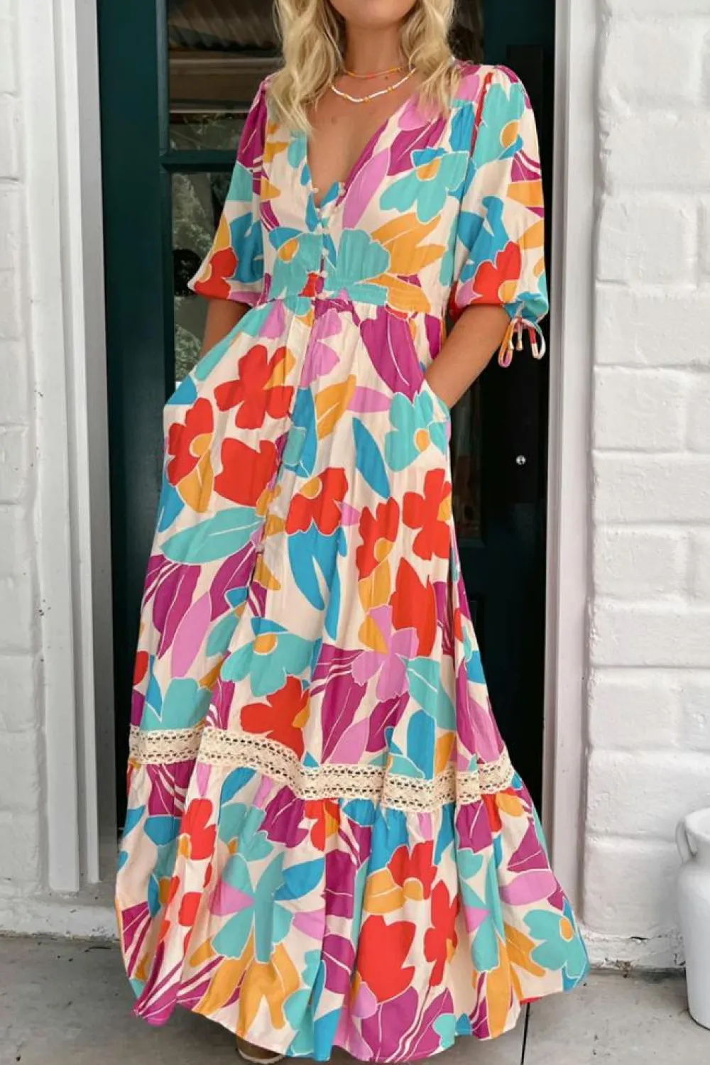 Fashion Dear-Lover Floral Knot Puff Sleeve V Neck Buttoned Front Split Lace Maxi Dress Rose Red