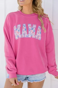 Discount Dear-Lover Floral MAMA Embroidered Graphic Pullover Sweatshirt Rose Red