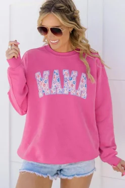 Discount Dear-Lover Floral MAMA Embroidered Graphic Pullover Sweatshirt Rose Red