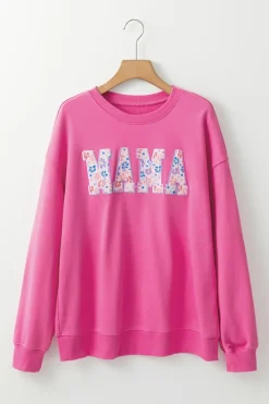 Discount Dear-Lover Floral MAMA Embroidered Graphic Pullover Sweatshirt Rose Red