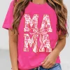 Sale Dear-Lover Floral MAMA Lettering Bow Print T Shirt Rose Red