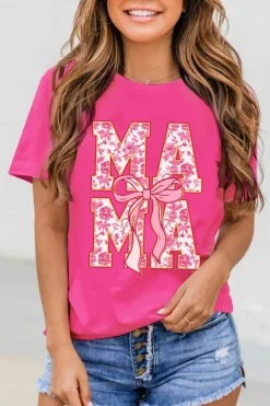 Sale Dear-Lover Floral MAMA Lettering Bow Print T Shirt Rose Red