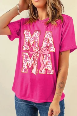 Sale Dear-Lover Floral MAMA Lettering Bow Print T Shirt Rose Red