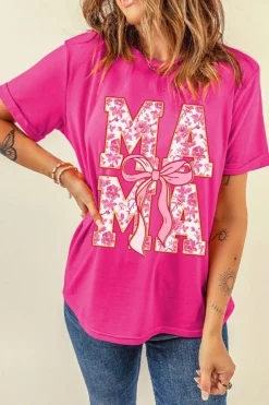 Sale Dear-Lover Floral MAMA Lettering Bow Print T Shirt Rose Red