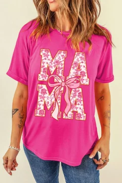 Sale Dear-Lover Floral MAMA Lettering Bow Print T Shirt Rose Red