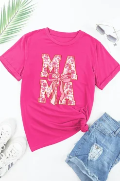 Sale Dear-Lover Floral MAMA Lettering Bow Print T Shirt Rose Red