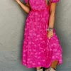 Fashion Dear-Lover Floral Print Pleated Drawstring Flowy Midi Dress Rose Red