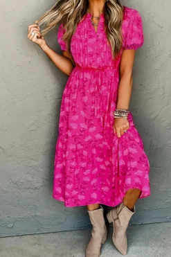 Fashion Dear-Lover Floral Print Pleated Drawstring Flowy Midi Dress Rose Red