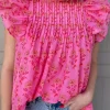 Clearance Dear-Lover Floral Print Pleated Ruffled Flutter Sleeve Blouse Rose Red