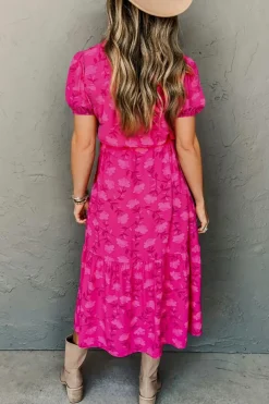 Fashion Dear-Lover Floral Print Pleated Drawstring Flowy Midi Dress Rose Red