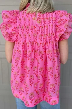 Clearance Dear-Lover Floral Print Pleated Ruffled Flutter Sleeve Blouse Rose Red