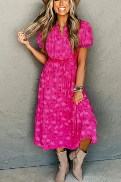 Fashion Dear-Lover Floral Print Pleated Drawstring Flowy Midi Dress Rose Red