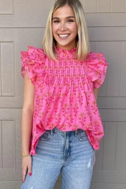 Clearance Dear-Lover Floral Print Pleated Ruffled Flutter Sleeve Blouse Rose Red