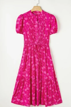 Fashion Dear-Lover Floral Print Pleated Drawstring Flowy Midi Dress Rose Red