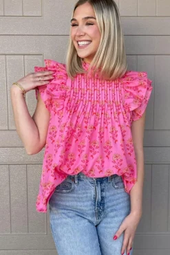 Clearance Dear-Lover Floral Print Pleated Ruffled Flutter Sleeve Blouse Rose Red