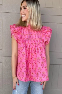 Clearance Dear-Lover Floral Print Pleated Ruffled Flutter Sleeve Blouse Rose Red