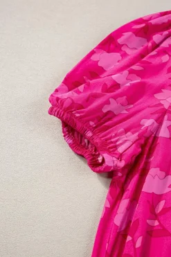 Fashion Dear-Lover Floral Print Pleated Drawstring Flowy Midi Dress Rose Red