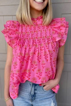 Clearance Dear-Lover Floral Print Pleated Ruffled Flutter Sleeve Blouse Rose Red