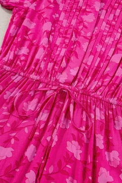 Fashion Dear-Lover Floral Print Pleated Drawstring Flowy Midi Dress Rose Red