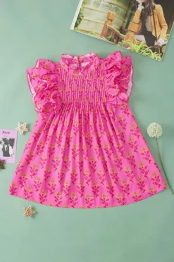 Clearance Dear-Lover Floral Print Pleated Ruffled Flutter Sleeve Blouse Rose Red