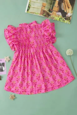 Clearance Dear-Lover Floral Print Pleated Ruffled Flutter Sleeve Blouse Rose Red