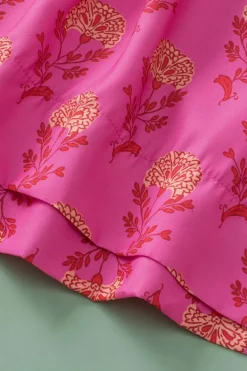Clearance Dear-Lover Floral Print Pleated Ruffled Flutter Sleeve Blouse Rose Red