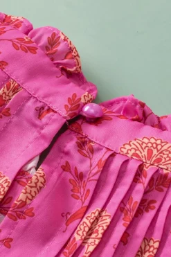 Clearance Dear-Lover Floral Print Pleated Ruffled Flutter Sleeve Blouse Rose Red