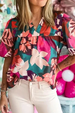 Discount Dear-Lover Floral Print Puff Sleeve Notched V Neck Blouse Rose Red