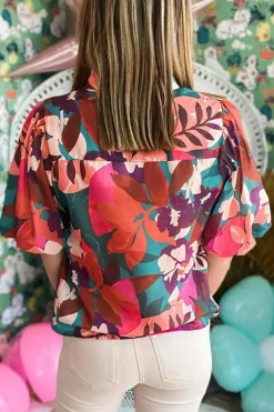 Discount Dear-Lover Floral Print Puff Sleeve Notched V Neck Blouse Rose Red