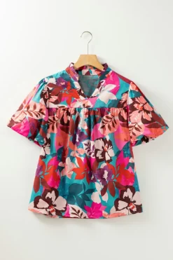 Discount Dear-Lover Floral Print Puff Sleeve Notched V Neck Blouse Rose Red