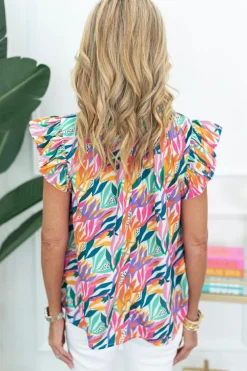New Dear-Lover Floral Print Ruffled Flutter Sleeve Blouse Rose Red