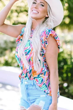 New Dear-Lover Floral Print Ruffled Flutter Sleeve Blouse Rose Red