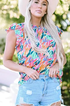 New Dear-Lover Floral Print Ruffled Flutter Sleeve Blouse Rose Red