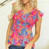 Fashion Dear-Lover Floral Print Smocked Ruffle Trim Flutter Sleeve Blouse Rose Red