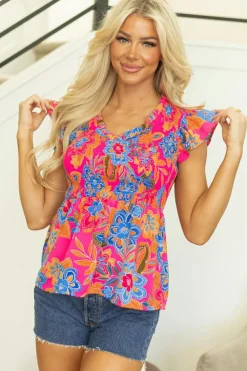 Fashion Dear-Lover Floral Print Smocked Ruffle Trim Flutter Sleeve Blouse Rose Red