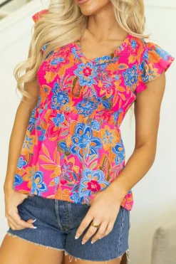 Fashion Dear-Lover Floral Print Smocked Ruffle Trim Flutter Sleeve Blouse Rose Red