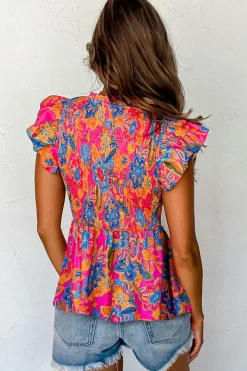Fashion Dear-Lover Floral Print Smocked Ruffle Trim Flutter Sleeve Blouse Rose Red