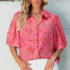 Online Dear-Lover Floral Print Wide Short Sleeve Loose Shirt Rose Red