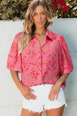 Online Dear-Lover Floral Print Wide Short Sleeve Loose Shirt Rose Red