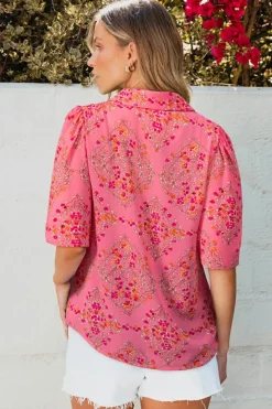 Online Dear-Lover Floral Print Wide Short Sleeve Loose Shirt Rose Red
