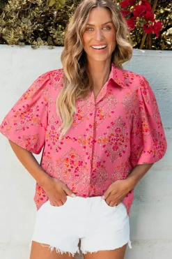 Online Dear-Lover Floral Print Wide Short Sleeve Loose Shirt Rose Red