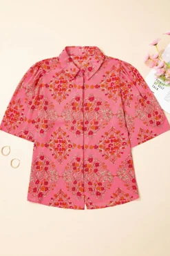 Online Dear-Lover Floral Print Wide Short Sleeve Loose Shirt Rose Red
