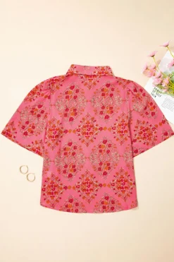 Online Dear-Lover Floral Print Wide Short Sleeve Loose Shirt Rose Red
