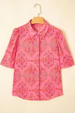 Online Dear-Lover Floral Print Wide Short Sleeve Loose Shirt Rose Red