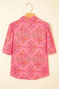 Online Dear-Lover Floral Print Wide Short Sleeve Loose Shirt Rose Red