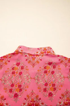 Online Dear-Lover Floral Print Wide Short Sleeve Loose Shirt Rose Red