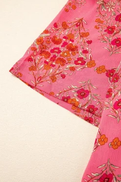 Online Dear-Lover Floral Print Wide Short Sleeve Loose Shirt Rose Red