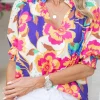 Hot Dear-Lover Floral Split Neck Frilled Bubble Sleeve Blouse Rose Red
