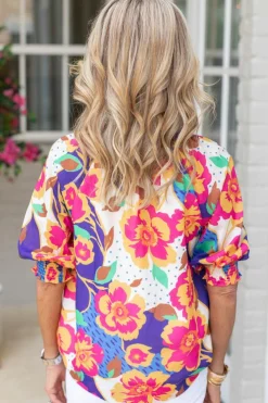 Hot Dear-Lover Floral Split Neck Frilled Bubble Sleeve Blouse Rose Red